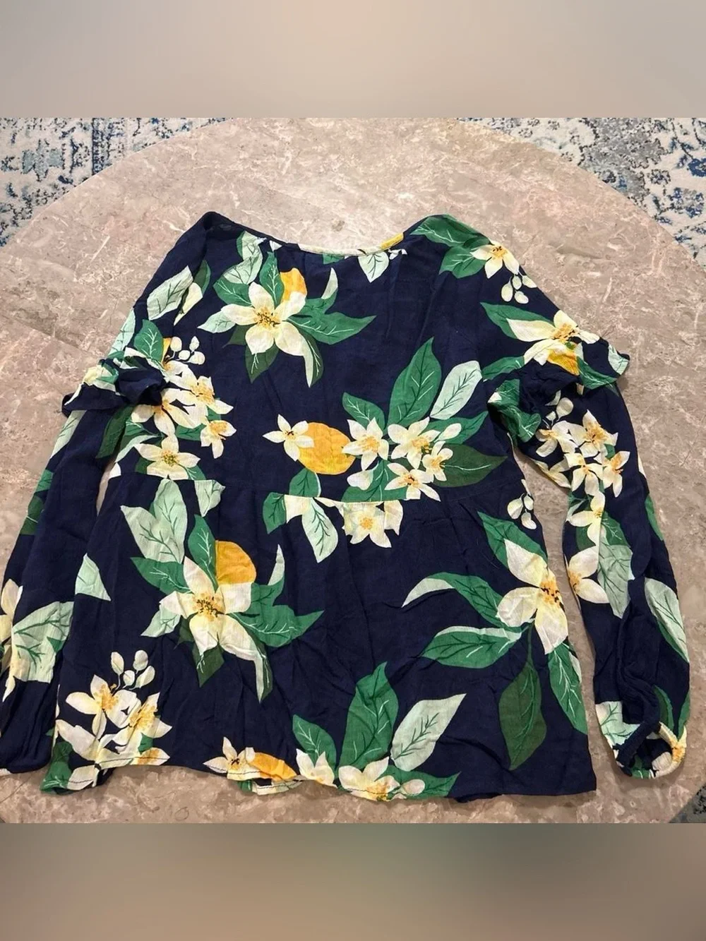 Old Navy Navy Blue Floral Peasant Blouse with Green Leaves and Yellow Accents - Picture 3 of 3